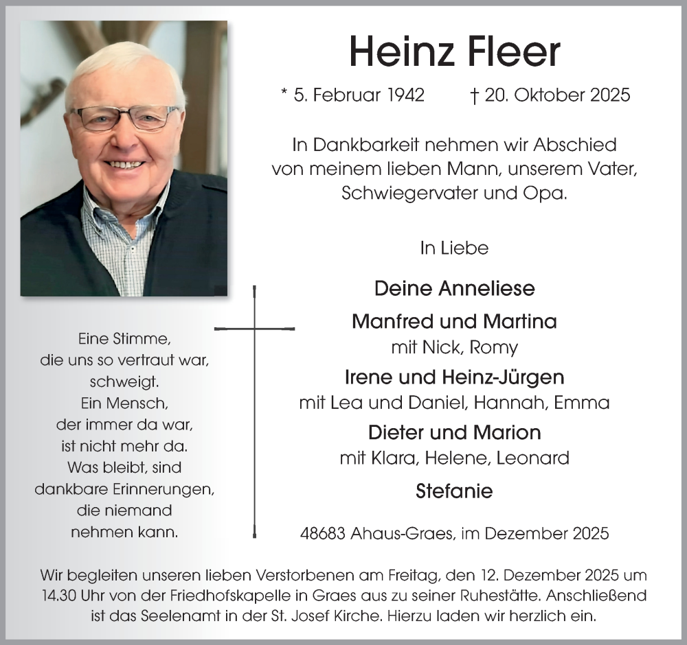  Traueranzeige für Heinz Fleer vom 09.12.2025 aus Münsterland Zeitung