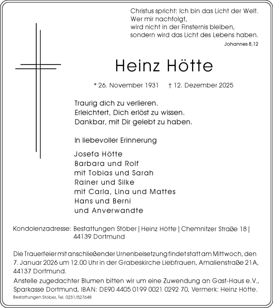 Traueranzeige von Heinz Hötte von Ruhr Nachrichten