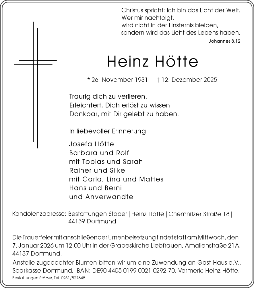  Traueranzeige für Heinz Hötte vom 27.12.2025 aus Ruhr Nachrichten