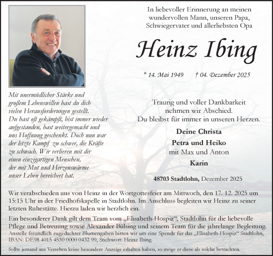 Traueranzeige von Heinz Ibing von Münsterland Zeitung