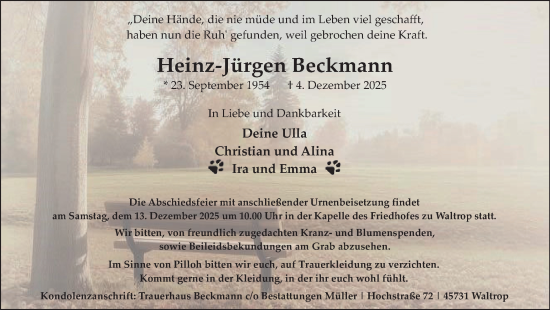 Traueranzeige von Heinz-Jürgen Beckmann von Trauer Vest