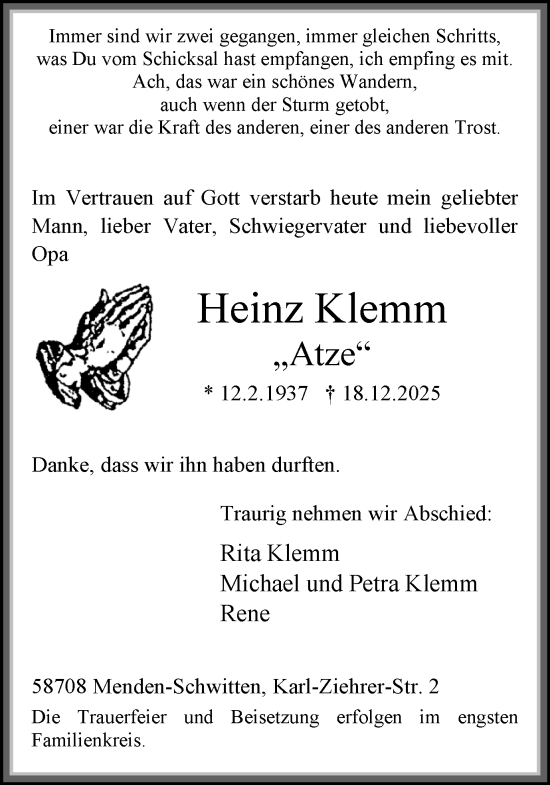 Traueranzeige von Heinz Klemm von Hellweger Anzeiger