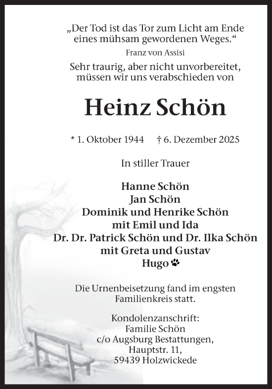 Traueranzeige von Heinz Schön von Hellweger Anzeiger