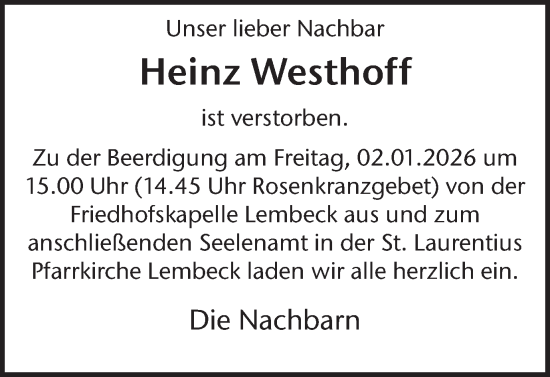 Traueranzeige von Heinz Westhoff von Ruhr Nachrichten und Dorstener Zeitung