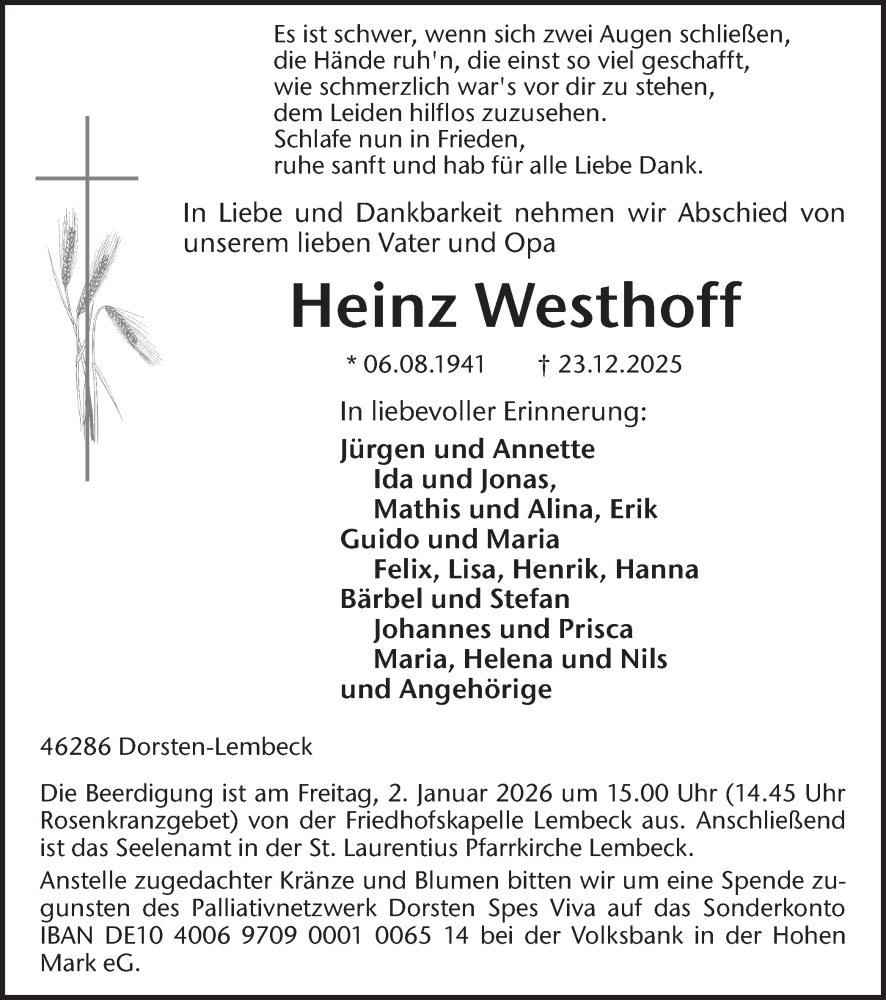  Traueranzeige für Heinz Westhoff vom 30.12.2025 aus Ruhr Nachrichten und Dorstener Zeitung