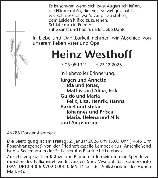 Traueranzeige von Heinz Westhoff von Ruhr Nachrichten und Dorstener Zeitung