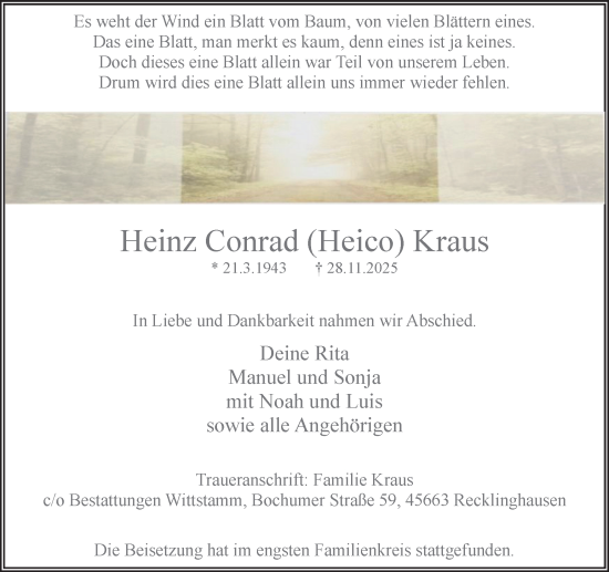 Traueranzeige von Heinz Conrad Kraus von Trauer Vest