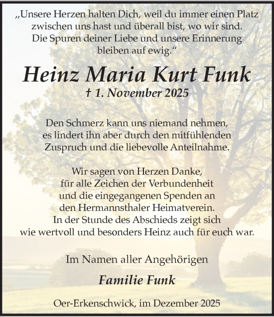 Traueranzeige von Heinz Maria Kurt Funk von Trauer Vest
