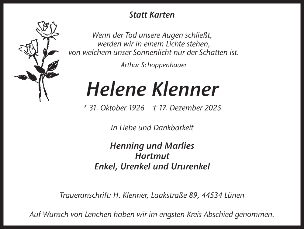  Traueranzeige für Helene Klenner vom 27.12.2025 aus Lüner Anzeiger
