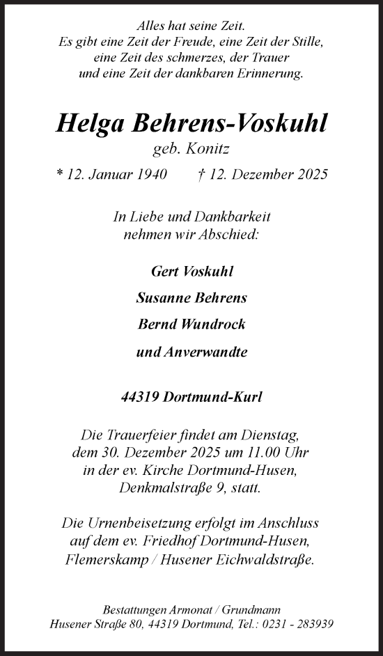 Traueranzeige von Helga Behrens-Voskuhl von Ruhr Nachrichten