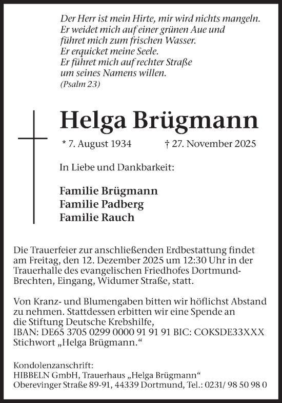 Traueranzeige von Helga Brügmann von Ruhr Nachrichten