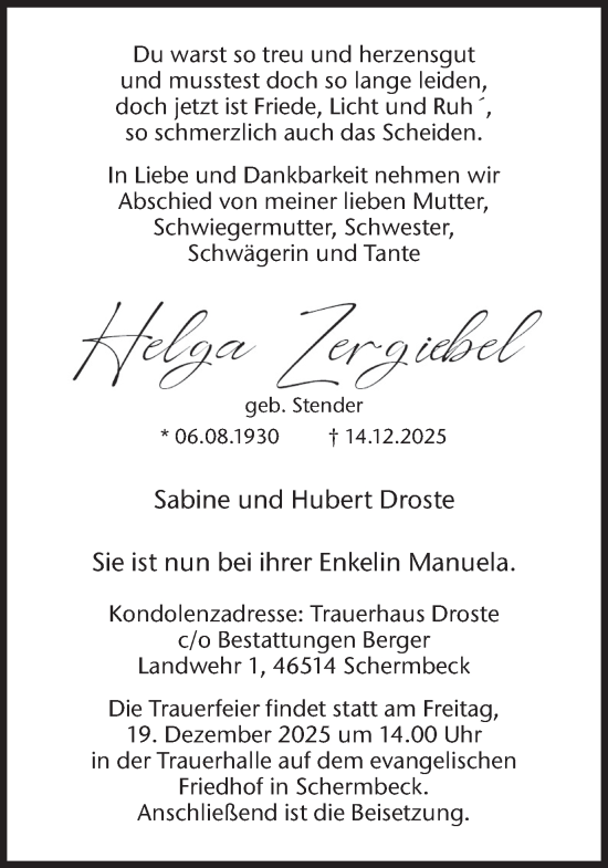 Traueranzeige von Helga Zergiebel von Ruhr Nachrichten und Dorstener Zeitung