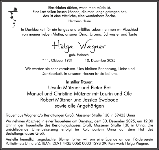 Traueranzeige von Helge Wagner von Hellweger Anzeiger