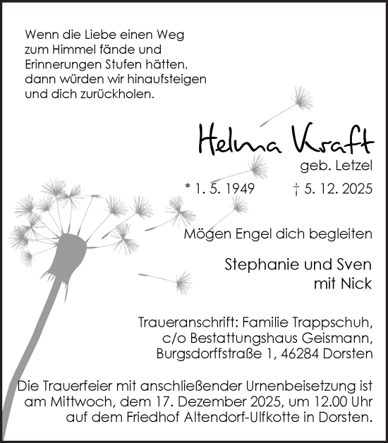 Traueranzeige von Helma Kraft von Ruhr Nachrichten und Dorstener Zeitung