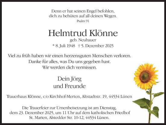 Traueranzeige von Helmtrud Klönne von Lüner Anzeiger