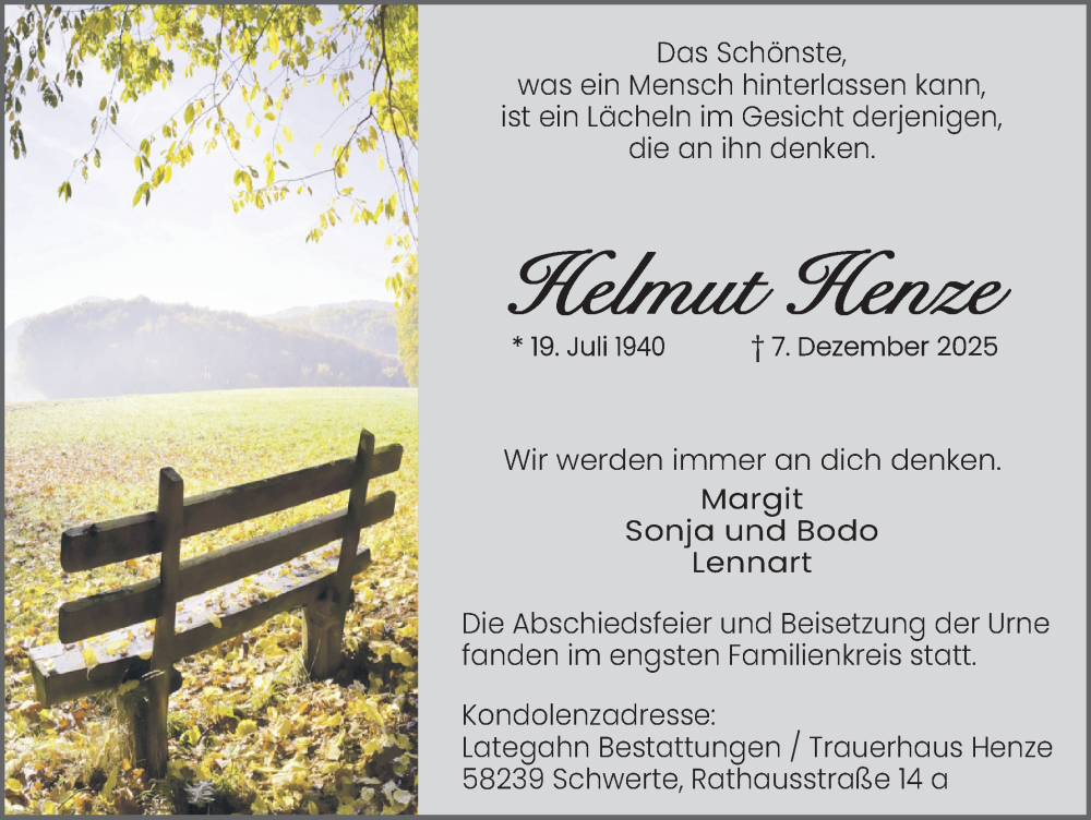  Traueranzeige für Helmut Henze vom 20.12.2025 aus Ruhr Nachrichten