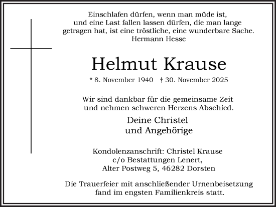 Traueranzeige von Helmut Krause von Ruhr Nachrichten und Dorstener Zeitung