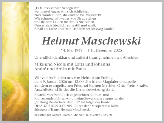 Traueranzeige von Helmut Maschewski von Hellweger Anzeiger