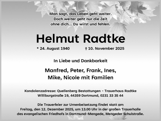 Traueranzeige von Helmut Radtke von Ruhr Nachrichten