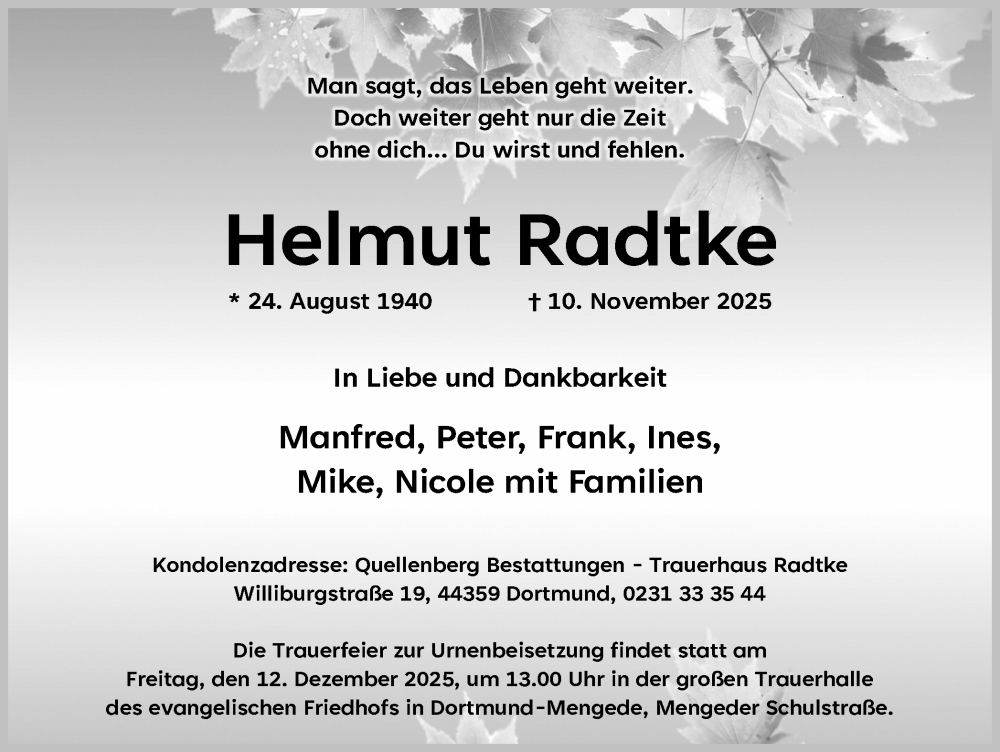  Traueranzeige für Helmut Radtke vom 06.12.2025 aus Ruhr Nachrichten