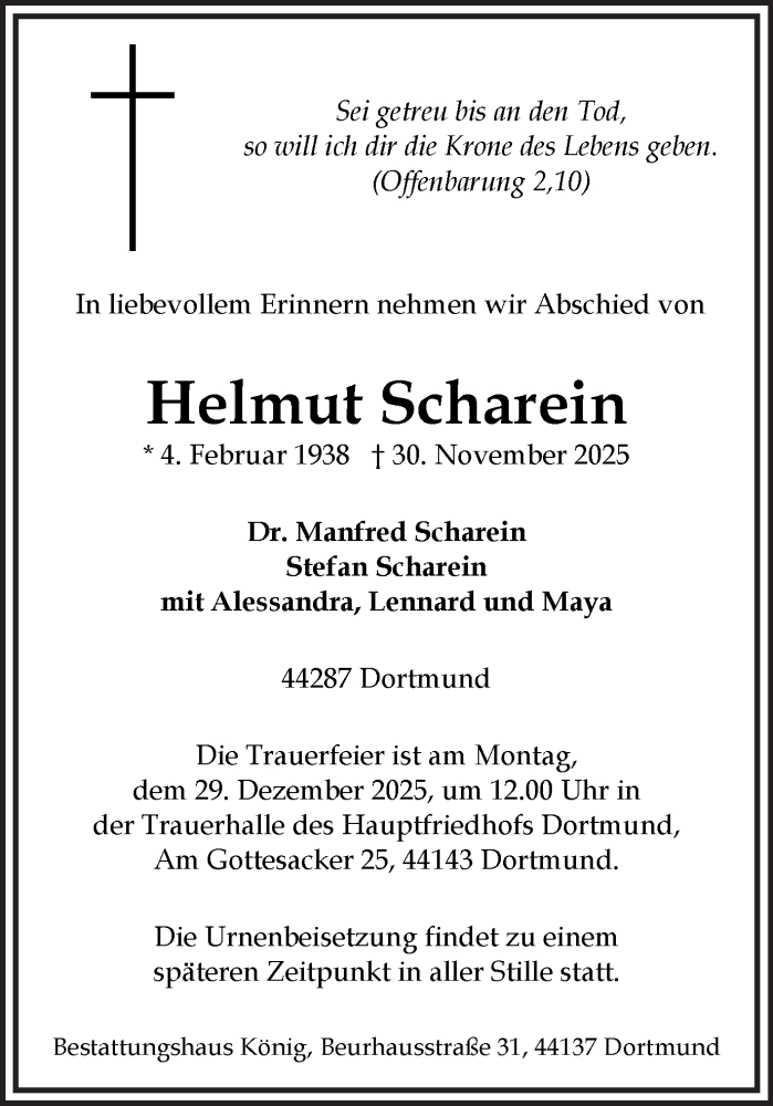  Traueranzeige für Helmut Scharein vom 13.12.2025 aus Ruhr Nachrichten
