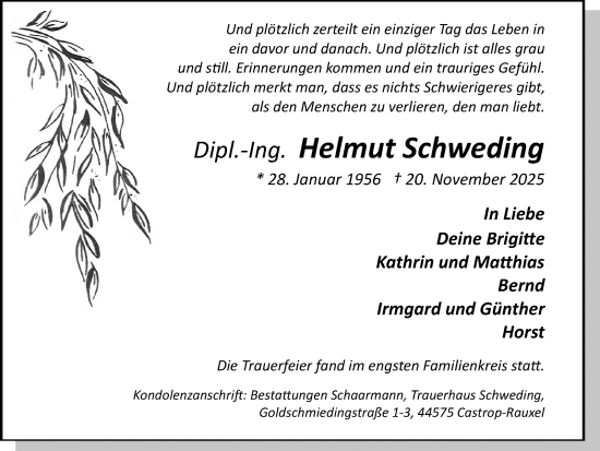 Traueranzeige von Helmut Schweding von Stadtanzeiger Castrop-Rauxel