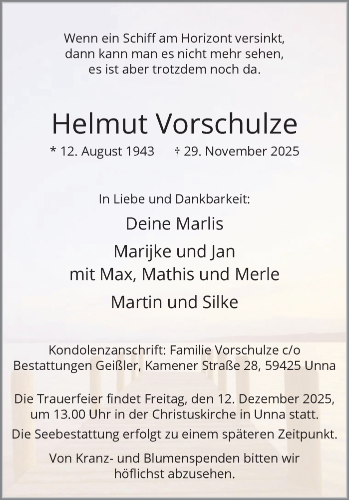  Traueranzeige für Helmut Vorschulze vom 06.12.2025 aus Hellweger Anzeiger