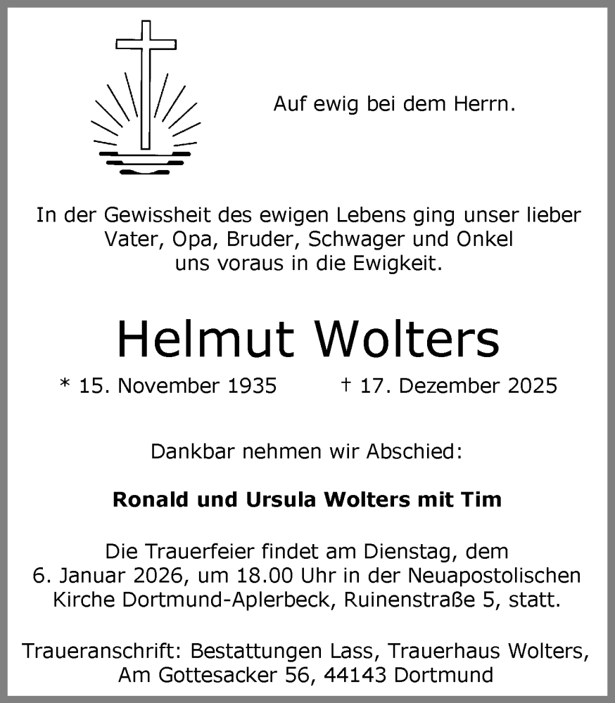 Traueranzeige für Helmut Wolters vom 27.12.2025 aus Ruhr Nachrichten
