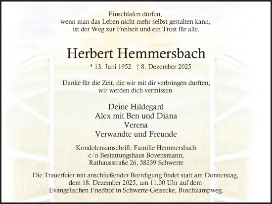 Traueranzeige von Herbert Hemmersbach von Ruhr Nachrichten