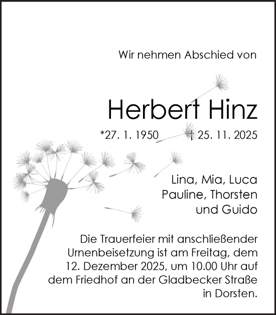 Traueranzeige von Herbert Hinz von Ruhr Nachrichten und Dorstener Zeitung