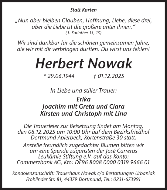 Traueranzeige von Herbert Nowak von Ruhr Nachrichten