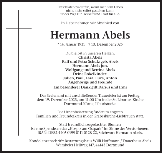 Traueranzeige von Hermann Abels von Ruhr Nachrichten