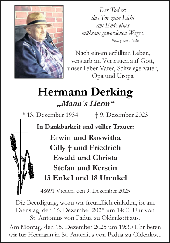 Traueranzeige von Hermann Derking von Münsterland Zeitung