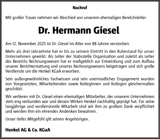 Traueranzeige von Hermann Giesel 