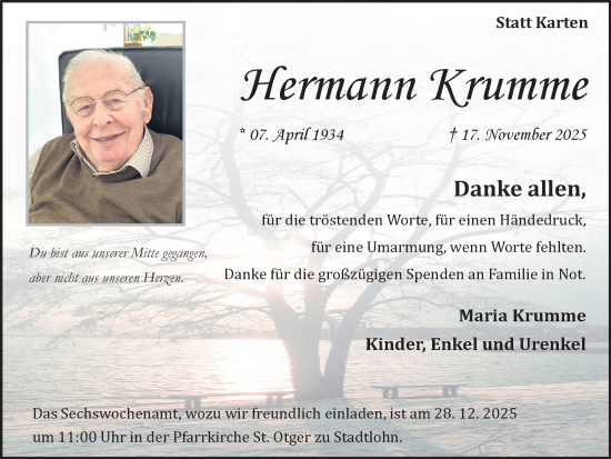 Traueranzeige von Hermann Krumme von Münsterland Zeitung