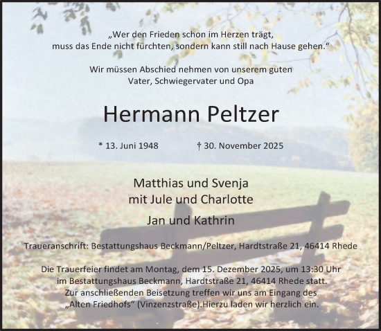 Traueranzeige von Hermann Peltzer 