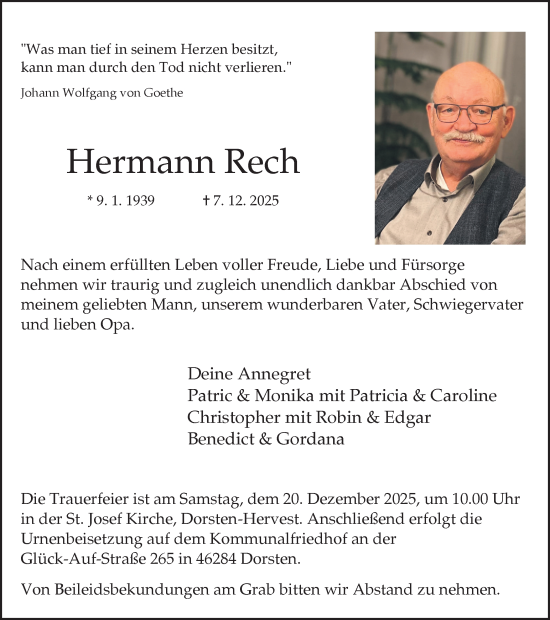 Traueranzeige von Hermann Rech von Ruhr Nachrichten und Dorstener Zeitung