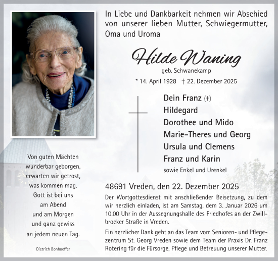 Traueranzeige von Hilde Waning von Münsterland Zeitung