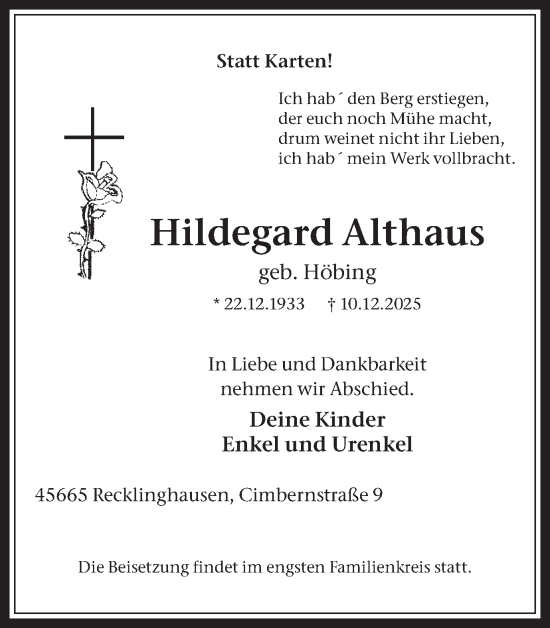 Traueranzeige von Hildegard Althaus von Trauer Vest