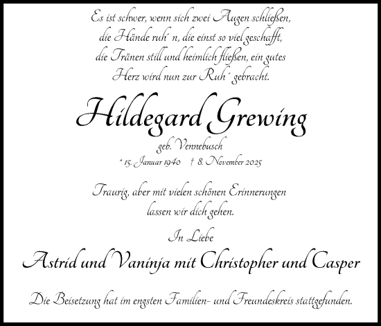 Traueranzeige von Hildegard Grewing von Ruhr Nachrichten und Dorstener Zeitung