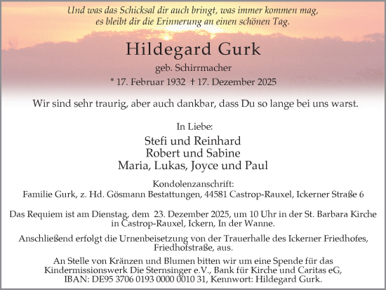 Traueranzeige von Hildegard Gurk von Ruhr Nachrichten