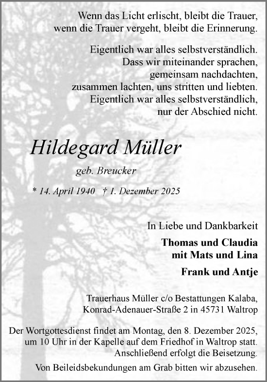 Traueranzeige von Hildegard Müller von Trauer Vest