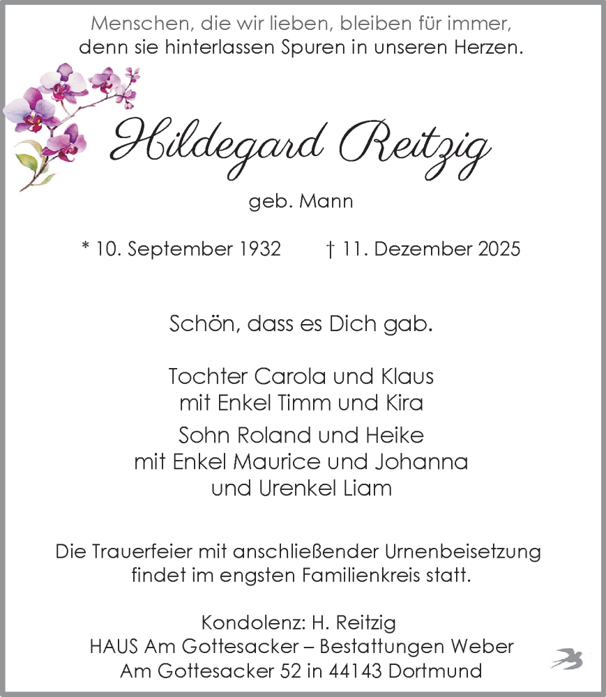  Traueranzeige für Hildegard Reitzig vom 20.12.2025 aus Ruhr Nachrichten