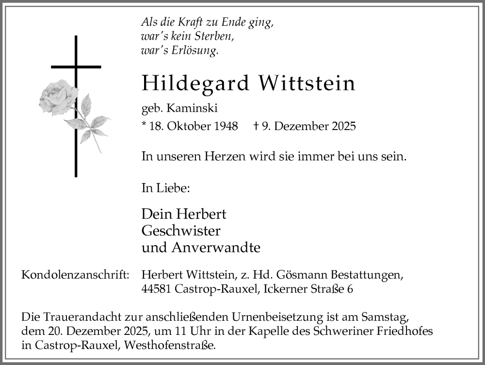  Traueranzeige für Hildegard Wittstein vom 13.12.2025 aus Stadtanzeiger Castrop-Rauxel