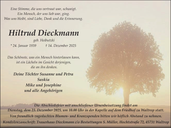 Traueranzeige von Hiltrud Dieckmann von Trauer Vest