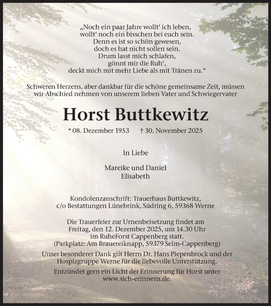  Traueranzeige für Horst Buttkewitz vom 06.12.2025 aus Ruhr Nachrichten
