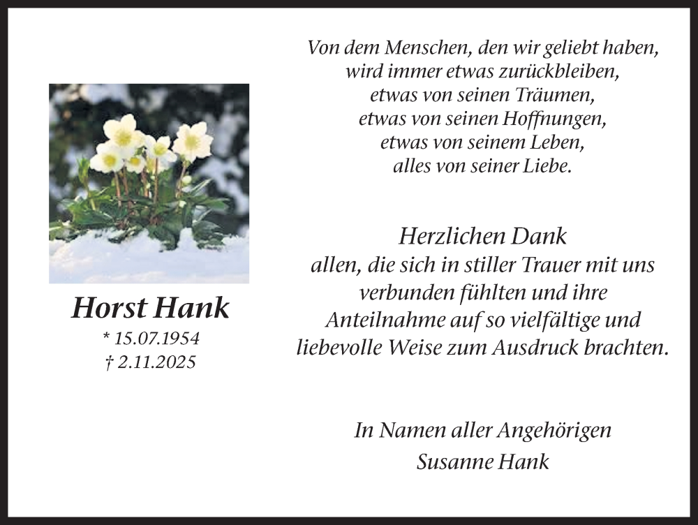  Traueranzeige für Horst Hank vom 13.12.2025 aus Ruhr Nachrichten und Dorstener Zeitung