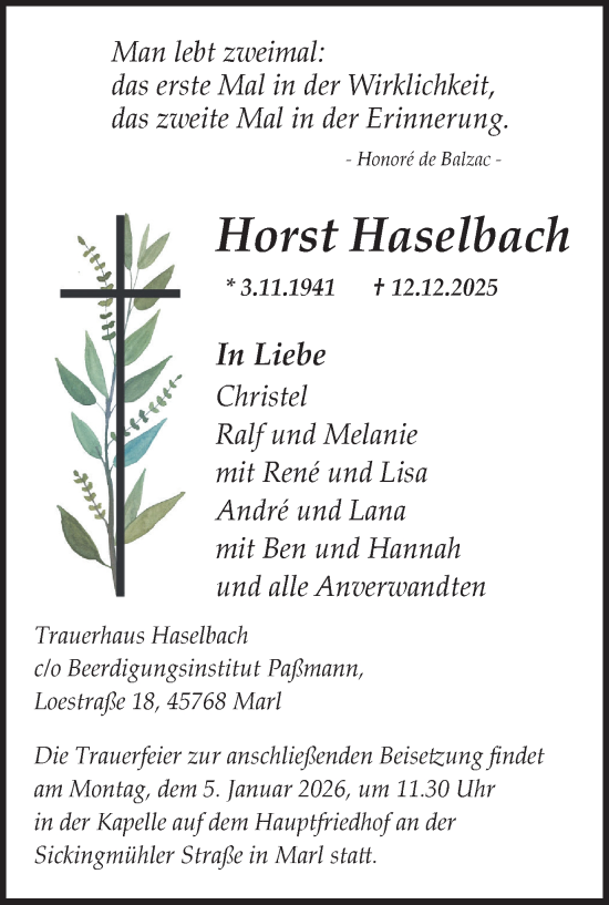 Traueranzeige von Horst Haselbach von Trauer Vest