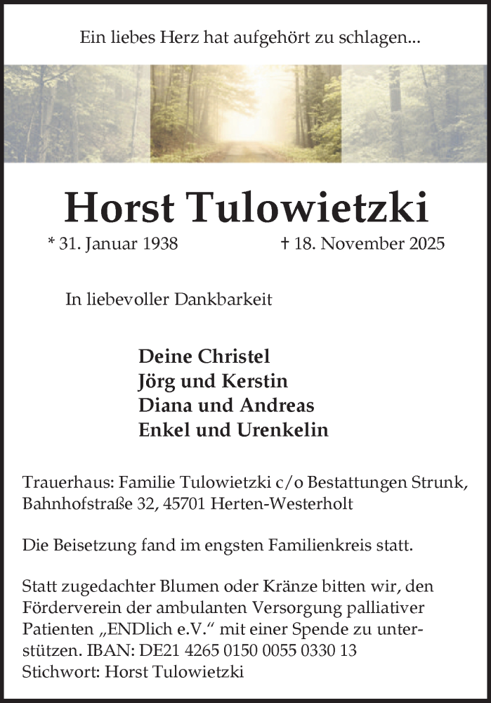  Traueranzeige für Horst Tulowietzki vom 13.12.2025 aus Trauer Vest