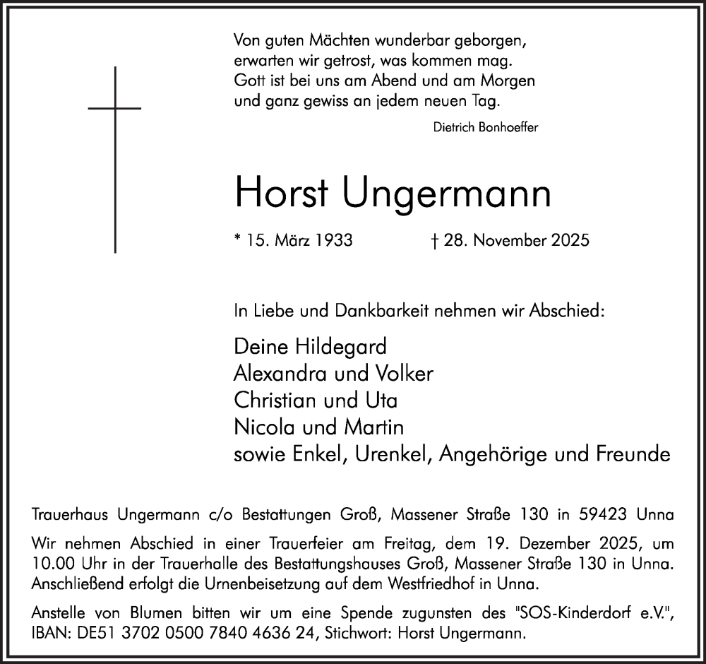  Traueranzeige für Horst Ungermann vom 06.12.2025 aus Hellweger Anzeiger